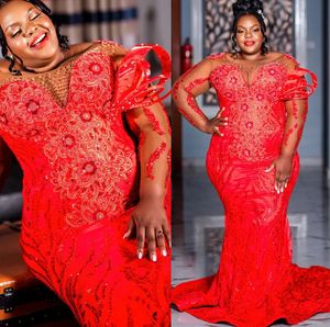 2024 Aso Ebi Red Florals Mermaid Prom Платье кружево бисера вечернее, формальная вечеринка второй прием 50 -летний день рождения платья обручальные платья Robe de Soiree ZJ31