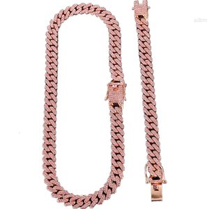 New 12mm Cuban Chain Mens Necklace Rose Gold Pink Full Diamonds Rapper Hip Hop Male Choker Jewelry