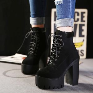 BOOTS 2023 Sıcak Satışlar Dantel Yukarı Kalın Yüksek Topuk Kadın Moda Ayakkabı Günlük Ayakkabı Kadın Platformu Ayak Bileği Botları Kahverengi Zapatillas Mujer