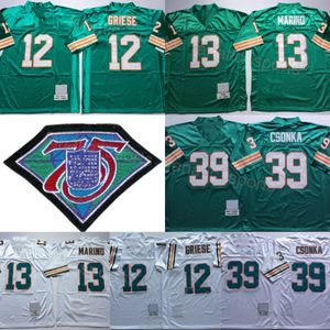 Retro 1994 Football Vintage 12 Bob Griese Formaları 39 Larry Csonka 13 Dan Marino 75. Yıldönümü Nakış ve Dikiş Yeşil Beyaz Takım Üniform Saf Pamuk Satış