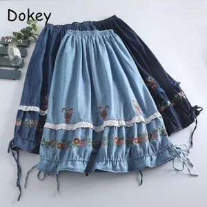 Skirts Vintage Floral Embroidery Blue Denim Skirt Women Japanese Mori Girl Ruffle Lace-up A-Line Summer Casual Midi Faldas Mujer