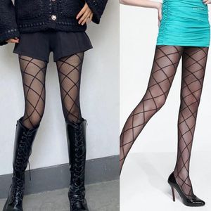 Mulheres meias padrão de diamante meia-calça xadrez pura xadrez preto net modelado boate traje