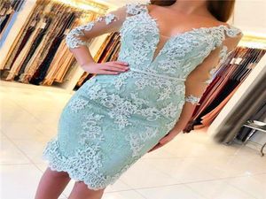 Sexy Knee Length Lace Cocktail Dresses with Applique Illusion Sleeves Club Wear Dress V Neck Short Prom Party Gowns1845646