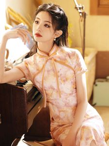 Ethnic Clothing Young Style Chinese Moonlight Yarn Short Sleeve Robe Spring Elegant Daily Wearable Dress