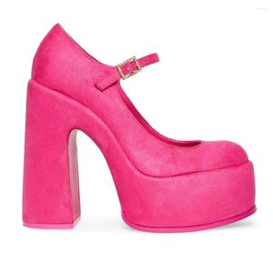 Sapatos de vestido Mulheres de alta qualidade camurça rosa redondo dedo do pé fivela cinta sandálias de salto sexy bombas de plataforma de salto robusto