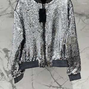 Women's Jackets Sliver Sequin Loose Baseball Uniform Jacket Round Neck Zipper Heavy Industry Coat 2024 Fashion Runway High End Y2K Clothes