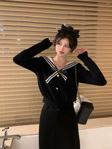 Skirts Korean Version Autumn Plus Size Women Navy Collar Contrasting Color Long-sleeved Knitted Slim Versatile Long Slit Skirt Suit