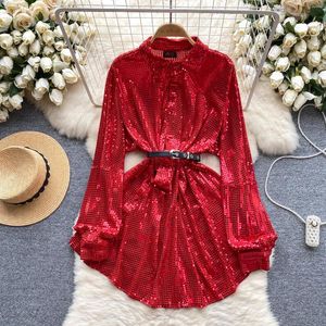 Casual Dresses Fashion Dress for Women Turn-Down Collar Sequins Belt Solid Color Vestidos Female A-Line Korean Style Spring Dropship