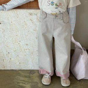 Брюки, детская одежда, джинсы для девочек, весенняя мода 2024, корейский стиль, красочные джинсовые широкие брюки, прямые повседневные брюки
