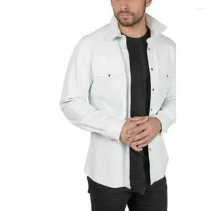 Camisas casuais masculinas camisa de couro pele de carneiro branco jaqueta de manga completa tendência da moda