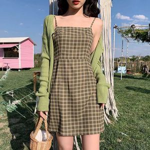 Basic Casual Dresses Zoki High Waist Avocado Green Vintage Plaid Dress Women Summer Korean A Line Design Sundress Elegant Sexy Slim Mini DressC24315