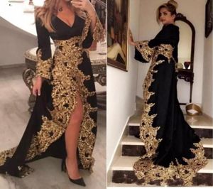 Kaftan Dubaiスタイルのイスラム教徒のイブニングドレス長袖の黒いベロアゴールドアップリックレディースフォーマルプロムガウンアビエgece elbisesi8862262