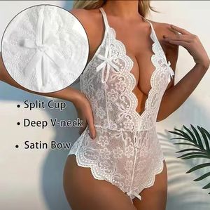 Sexig uppsättning sexig porr underkläder bodysuit kvinnor transparent spets erotisk halter choker djupt v hals bh set öppen gren teddy underkläder jumpsuit 230404