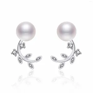 Stud Earrings 925 Silver Needle Trendy Leaf Imitated Pearl Crystal Statement For Wome Girls Anniversary Gift Fashion Jewelry
