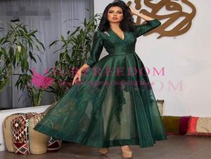 2020 Arabic Emerald Green Lace aftonklänningar Fullärmar Applices Ankellängd Elegant promklänningar Party Dress1909218