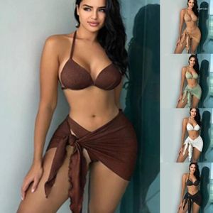 Women's Swimwear 3PCS Women Beach Bathing Suit Swim Wear With Swimsuit Wrap Skirt Halterneck Top And Bottom Dropship