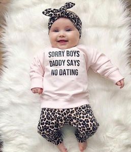 Yeni doğan yürümeye başlayan çocuk kız bebek kıyafetleri set üzgün erkekler baba dingd sweatshirt leopar legging pantolon pantolon kafası bant 7500638