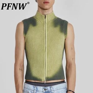 Men's Vests PFNW Streetwear Men Knitted Vest Pullovers Turtleneck Sleeveless Top Sweater Zipper Tie-dye Clothing 2024 Autumn C3482