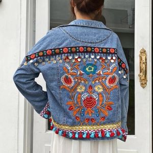Women's Jackets Vintage Cotton Boho OutWear Sequins Applique Tassel Floral Embroidery Autumn Long Sleeve Blue Denim Jacket Women Coat