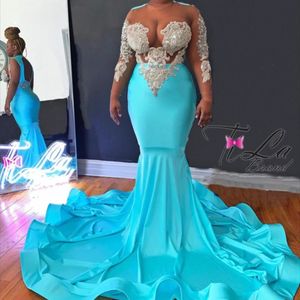 Vintage Blue With Silver Appliques Plus Size Prom Dresses African Girls Sheer Long Sleeves Beaded Applique Sexy Backless Party Evening Gowns