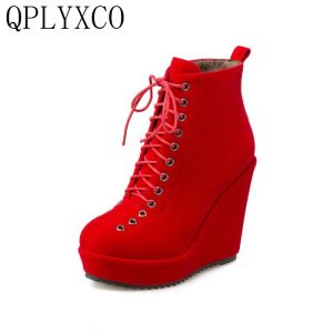 Botas QPLYMXCO Cunhas femininas Botas curtas 2019 Heels High12cm Fashion Fashion Lace Up Up Winter Quality Sapatos Mulher Botas 8715