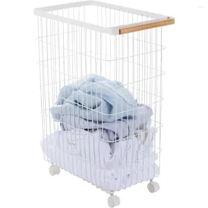 Laundry Bags Dirty Basket Home Wire Slim Saving Rolling Wheeled Clothing Hamper | Steel Wood Storage