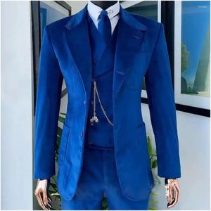 Men's Suits Blue Velvet Set For Men 3 Pieces Notched Lapel Wedding Tuxedo Grooms Dress Suit Male Blazer Fashion Jacket Vest Pants