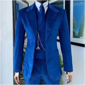 Ternos masculinos de veludo azul conjunto para homens 3 peças entalhado lapela casamento smoking noivos vestido terno masculino blazer moda jaqueta colete calças