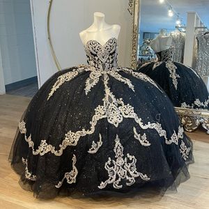 Luxury Black Shiny Sweetheart Appliques Off The Shoulder Quinceanera Dress 2024 Ball Gown Floor Length 15 Anos Prom Pageant Dress