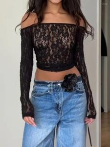 Women's T Shirts HzDazrl Women Y2k Lace Long Sleeve Top Floral See Through Off Shoulder Crop Tops Tee Sexy Slim Fit Blouses