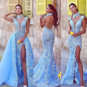 Céu azul sereia vestidos de baile com trem destacável alta pescoço rendas dividir sem costas vestidos de noite praia personalizado formal vestido de festa