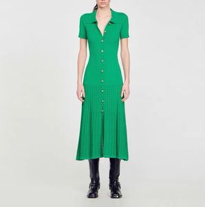 Kvinnors klänning mode märke grönt lapel hals kortärmad smal passform klänning