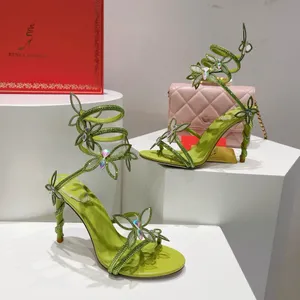 Rene Caovilla Сандалии на высоком каблуке Модные дизайнерские туфли со стразами на каблуке 9,5 см Женские атласные босоножки в виде змеи с бабочкой и цветком Открытые высокого качества с коробкой