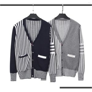 Herrtröjor Cardigan Sweater V Neck Autumn Color Matching Four-Bar Ull Stripes Casual Sticked Bottoming Pock Drop Delivery Apparel OT2GD