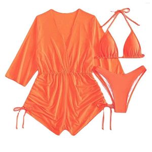 Costumi da bagno da donna Costumi da bagno sexy a tre pezzi con lacci a vita alta con pettorina senza reggiseno in acciaio Costumi da bagno femminili