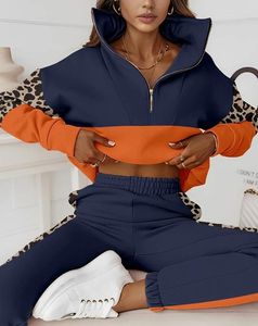 여자 2 피스 바지 패션 컬러 블록 표범 인쇄 지퍼 디자인 스웨트 스웨트 팬츠 세트 여성 캐주얼 세트