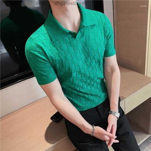 Camisas masculinas preto/cinza/verde verão moda sexy xadrez polo para roupas masculinas esticado fino ajuste casual manga curta homme