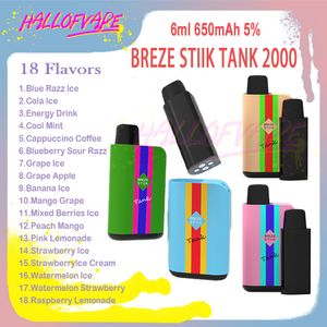 Sigarette originali Breze Stiik Tank 2000 Sbuffi 2% 5% Penna Vape usa e getta Ecigs Pod sostituibile 6ml 18 colori 650mAh Batteria Vaporizzatore Vaporizzatore