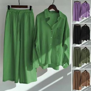 Chic Women Outfit Set Button Tops Calças Respirável Skintouch Deep Crotch Outono Cardigan 240320