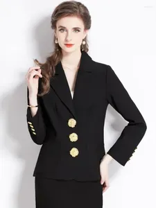 Women's Suits Runway Design Tweed Cropped Blazer Classic Black Women Chic Notched Collar Metal Buttons Single Breasted Jacket Coat