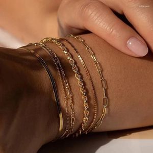 Link pulseiras 6 pçs moda banhado a ouro pulseira conjunto boho retro torção grossa corrente cubana para mulheres meninas festa jóias presentes sl013