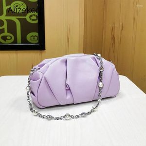 Totes Rhinestone Chain Pleated Shoulder Bags For Women 2024 Korean Designer Pearls Hobos Handbag Ladies Green Purses High Quality