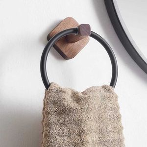 Towel Rings Adhesive Towel Ring Aluminum Wood Wall Mounted Matte Black Kitchen Bathroom Towel Holder Ring Shelf Self Adhesive 240321