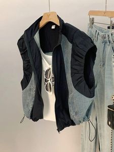 Kvinnors västar dragstring ropa mujer modeväst för kvinnor lapptäcke kontrast färg denim maistcoat casual chalecos koreanska y2k tankar