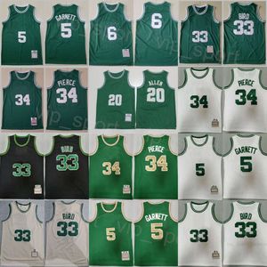 Retro Basketbol Paul Pierce Jersey 34 Adam Vintage Kevin Garnett 5 Ray Allen 20 Bill 6 Larry Bird 33 Gömlek Takımı Yeşil Beyaz Siyah Bej Renk Tüm Dikişli Gerileme
