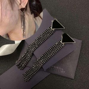 Women Fashion Brand Black Stud Triangle Long Tassel Chain Dangle Drop Ear Studs Have Stamps Eardrop Earrings for Lady Designer Jewelry Gifts paty