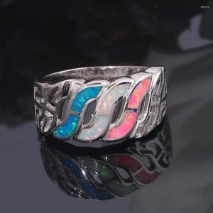 Bröllopsringar Cinily skapade Blue White Pink Fire Opal Hollow Silver Plated Ring Retail Fashion Jewelry for Women Storlek 5-11