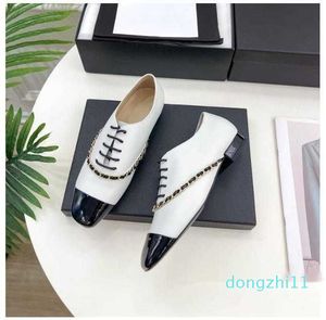 Luxury Designer Women Casual Fashion Genuine Leather Chain Flats Derby Square Toe Lace up Runway Outfit Female Feetwear