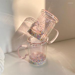 Vinglas med japansk-koreansk stil tjejs hjärtbubbla stjärna tom cuphandtag ins paljetter dubbelskikts glas enkelt hushåll kaffemjölk