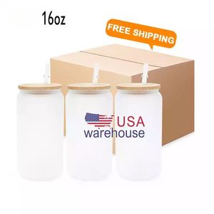 USA/CA Stock 16oz Creative Can Form Tumblers Tea Juice Milk Clear och Frosted Glass Cup Coffee Mug Hållbar Hög Borosilikat vinglas Drinkware